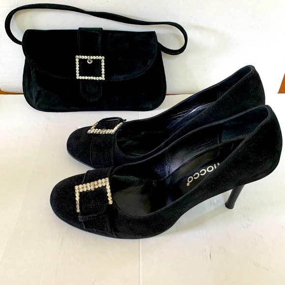 Stunning black suede stiletto shoes with large buckle of shiny rhinestones 40 10 - Picture 7 of 12
